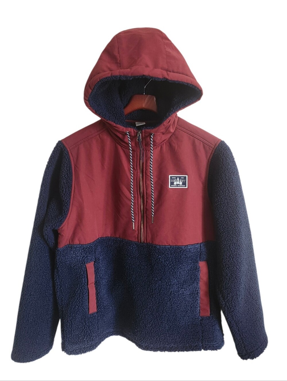 Hurley Mens Half Zip Sherpa Anorak Hoodie Navy Blue And Red Size Small